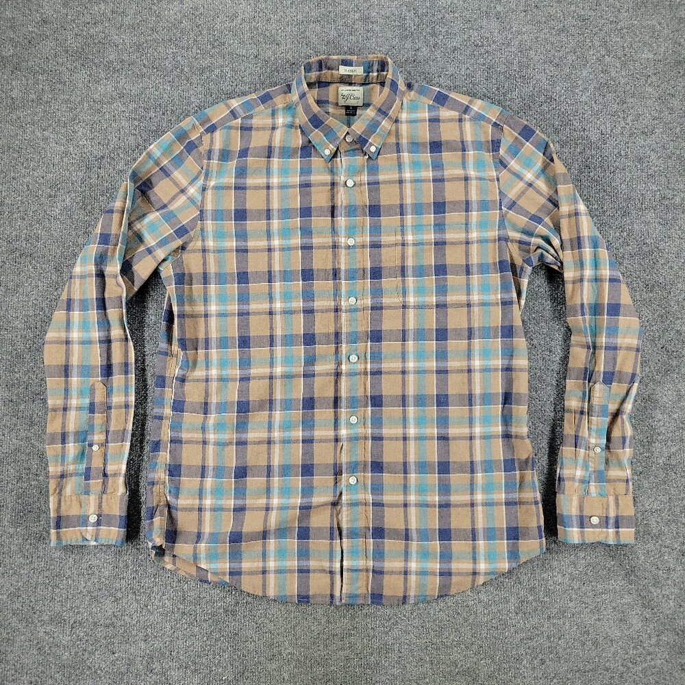J Crew Button Shirt Men Large Beige Blue Plaid Collared Long Sleeve Pocket Adult